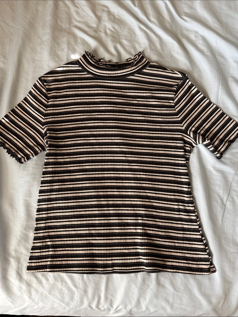 a.n.a Short Sleeve Mock Neck Striped Top in Black and Cream